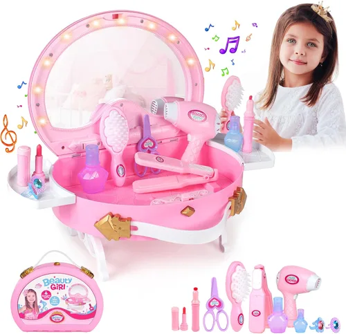 Little Princess - Juego de tocador para niños pequeños, kits de maquillaje portátil con luces y música, espejo real y múltiples accesorios, el mejor