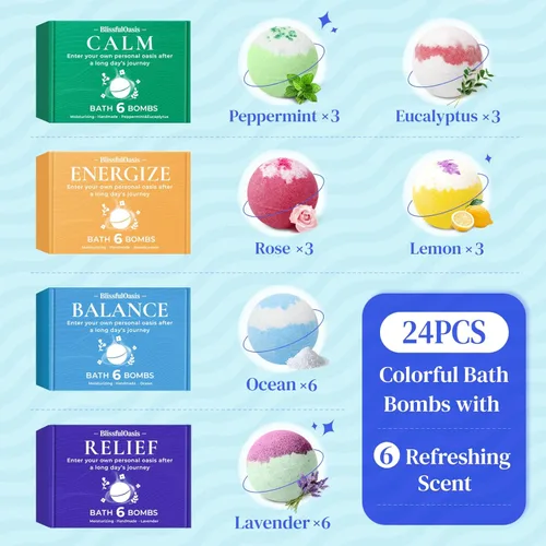 Miniatura 2 de BlissfulOasis Juego de bombas de baño, 24 bombas de ducha con 6 aromas refrescantes, perfecto para hidratación y relajación, ideal para cumpleaños
