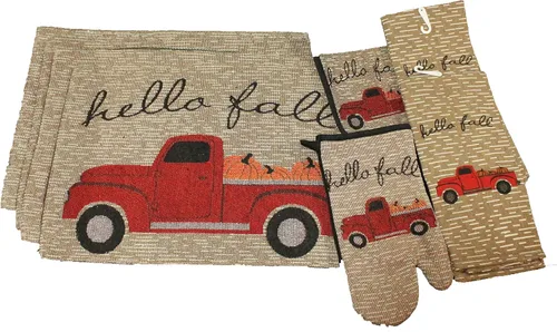 Juego de 8 piezas de decoración de cocina vintage de otoño para camión, Hello Fall, manteles individuales de otoño a juego, toallas de cocina, Juego