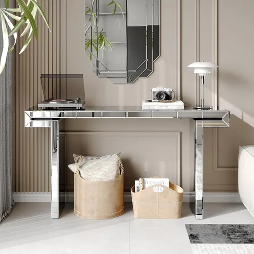 Miniatura 11 de Henf Escritorio de tocador con espejo para dormitorio, mesa de tocador de maquillaje, mesa de sofá con 2 cajones de diamantes sintéticos, moderno