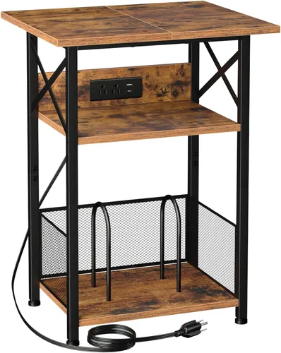 AMHANCIBLE Soporte para tocadiscos con estación de carga, soporte para tocadiscos grande con gabinete de almacenamiento, mesa auxiliar de 3 niveles
