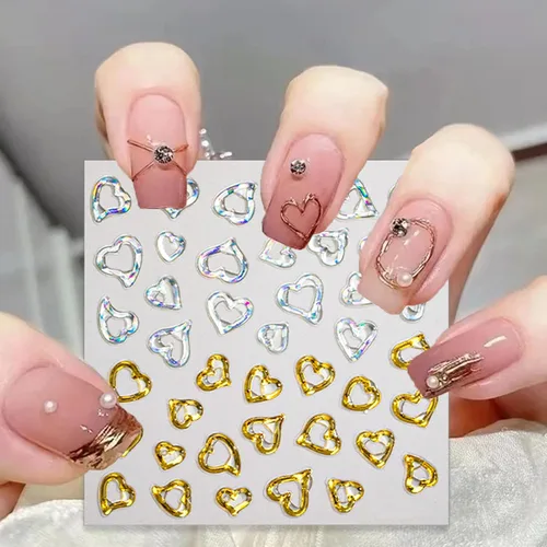 Miniatura 4 de Calcomanías de arte de uñas en relieve dorado 5D, calcomanías de cristal suave, marcos geométricos irregulares, calcomanías de corazón, diseños