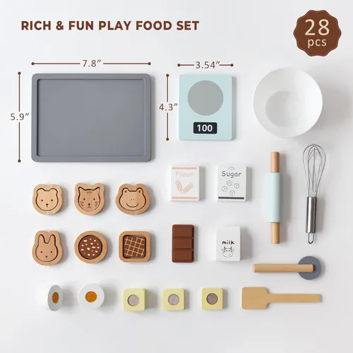 Miniatura 3 de PairPear Juego de Comida de Juguete de Madera para Galletas y Hornear, 28 Piezas de Galletas Rebanables para Niños, Batidora de Mano de Juguete