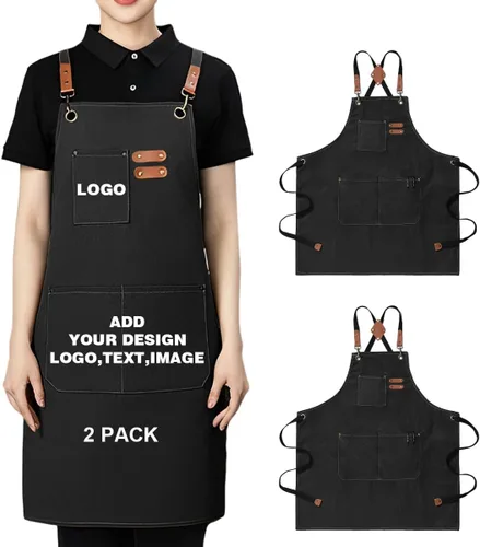 Miniatura 17 de Delantal personalizado para hombres y mujeres, delantales de lona de cocina personalizados con bolsillos, nombre, texto, logotipo, imagen Negro-1