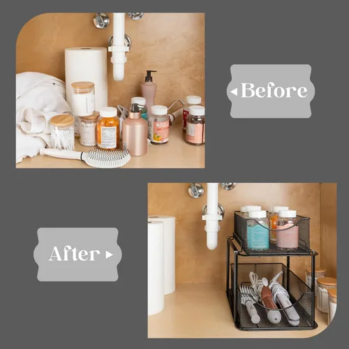 Miniatura 7 de Sorbus Organizador de metal para debajo del fregadero de 2 niveles para baño, cocina, cajones deslizantes de malla de acero fuerte para debajo