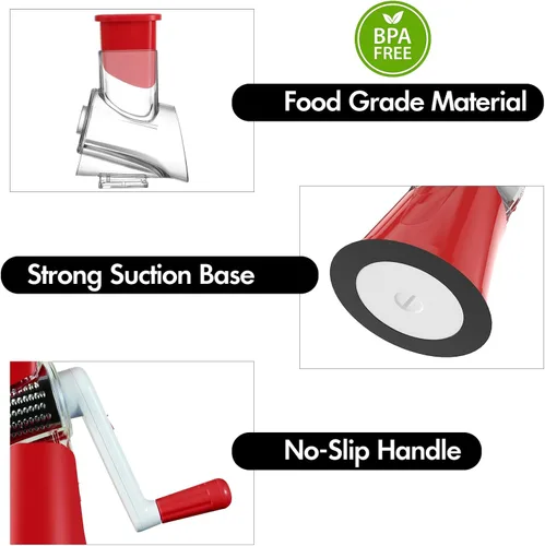 Miniatura 7 de rallador giratorio de queso, triturador manual para cocina, rebanador redondo con mandolina, molinillo seguro con 3 cuchillas intercambiables