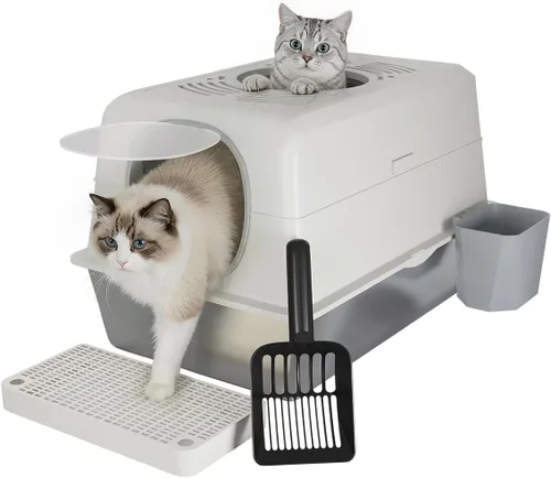 Miniatura 8 de Caja de arena XL de acero inoxidable para gatos con tapa, diseño cerrado de entrada superior, caja de arena grande de metal para gatos equipada