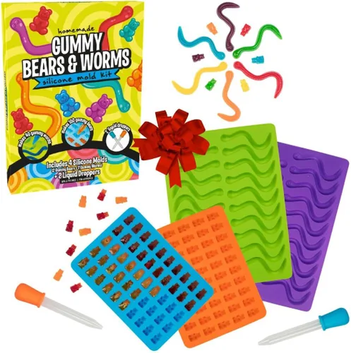 Miniatura 9 de Moldes de silicona para caramelos de oso y gusano, paquete de 4 moldes de chocolate sin BPA con 2 goteros, bandejas de hornear flexibles Oso de goma