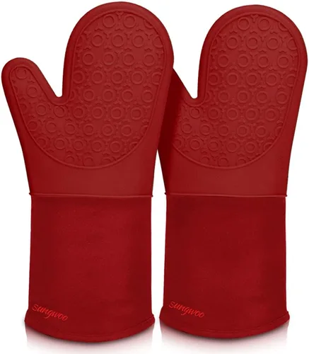 Miniatura 13 de sungwoo Guantes de horno de silicona extralargos, resistentes al calor, con forro acolchado, agarre texturizado antideslizante, perfectos para Verde