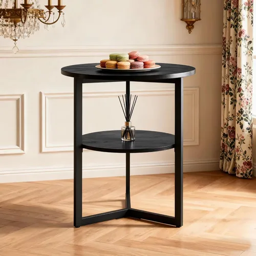 Miniatura 9 de Mesa auxiliar redonda grande con estante de almacenamiento, sofá circular rústico patas de metal negro, mesita de noche de madera maciza, teléfono