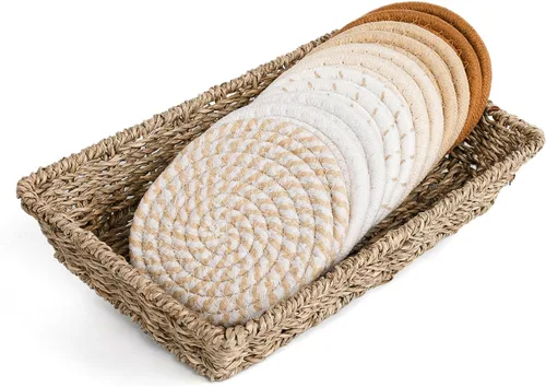 Miniatura 9 de 12 piezas de posavasos tejidos a mano para bebidas, juego de posavasos absorbentes y aislantes de algodón con soporte de cesta de esparto, boho