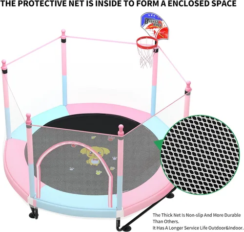 Miniatura 2 de Trampolín de 5 pies para niños pequeños con red de seguridad, mini aro de baloncesto, tapete de salto para equipo de entretenimiento en el hogar