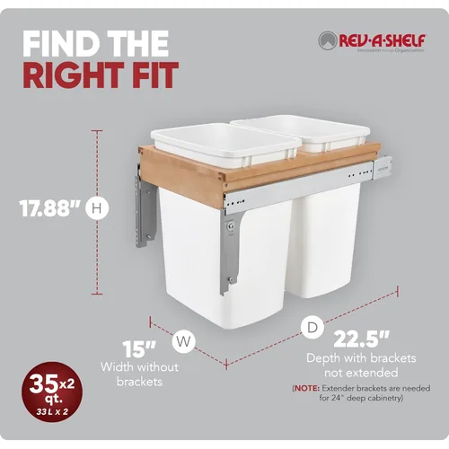 Miniatura 3 de Rev-A-Shelf - 4WCTM-18DM2 - Doble 35 Qt. Montaje superior extraíble de madera y contenedor de desechos para 1-1/2 in, blanco. Gabinete de armazón