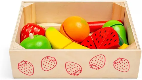 Miniatura 5 de Bigjigs Toys Caja de madera para cortar frutas con tabla de cortar y cuchillo - Juguetes de comida para jugar