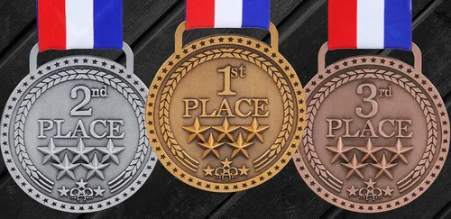 Miniatura 5 de Medallas de bronce dorado y plateado para premios de trofeo del 1er 2º y 3er lugar, acabado brillante o antiguo con cinta de satén roja, blanca