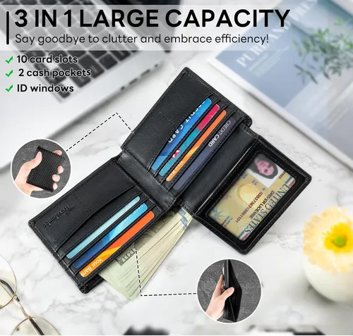 Miniatura 12 de Cartera para hombre, billetera clásica de alta calidad para hombre, billetera minimalista y plegable, cartera con bloqueo RFID con 10 tarjetas