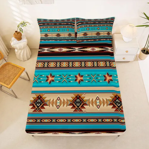 Miniatura 52 de Juego de ropa de cama de estilo bohemio occidental, tamaño individual, diseño de vaca atrapasueños, sábana bajera ajustable del suroeste, tribu