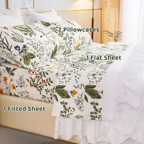 Miniatura 5 de QSH Sábanas 100% Algodón para Cama Tamaño Queen, Patrón Botánico de Plantas con Flores Amarillas, Sábanas de Cama Florales Impresas de Algodón