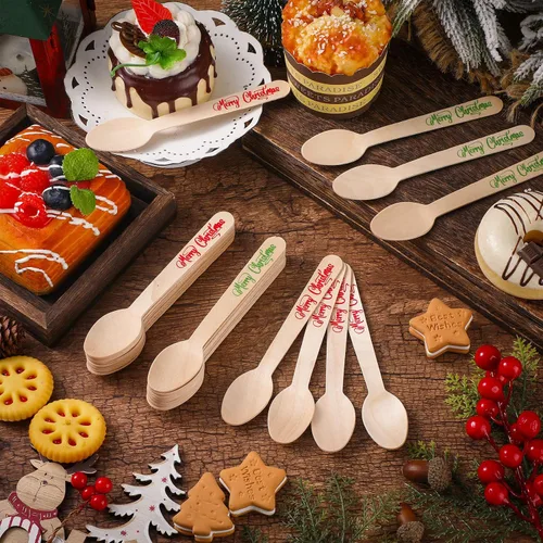 Miniatura 7 de Hoolerry 100 piezas de cucharas de madera desechables para Navidad 5.5'' de cocoa caliente, chocolate, bastón de caramelo, cucharas de degustación