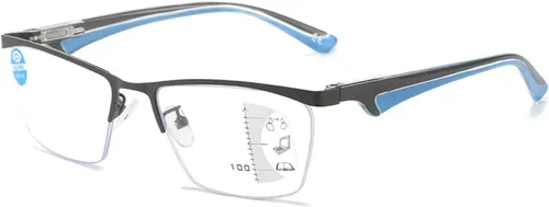 Anteojos de lectura multifocales progresivos para hombres y mujeres, lector de medio marco de metal con luz azul con bisagra de resorte (color azul,