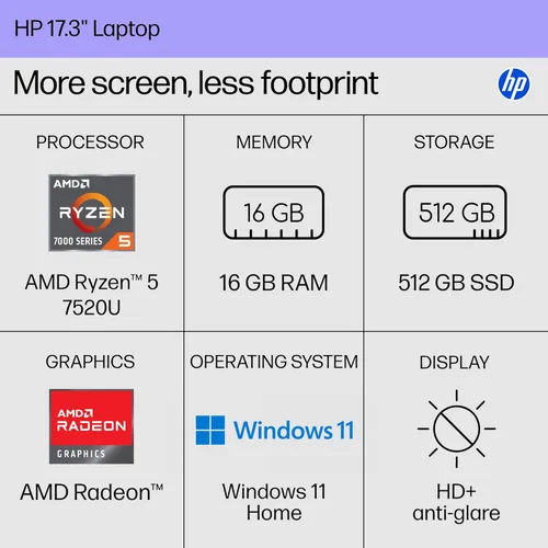Miniatura 2 de HP portátil de 17.3 pulgadas, pantalla HD+, AMD Ryzen 5 7520U, 16 GB de RAM, SSD de 512 GB, gráficos AMD Radeon, Windows 11 Home, color plata