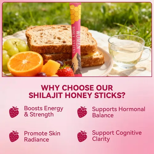 Miniatura 5 de Palitos de miel Shilajit para mujer, energía natural y potenciador de vitalidad con shatavari y azafrán, palitos de miel de fresa para equilibrio