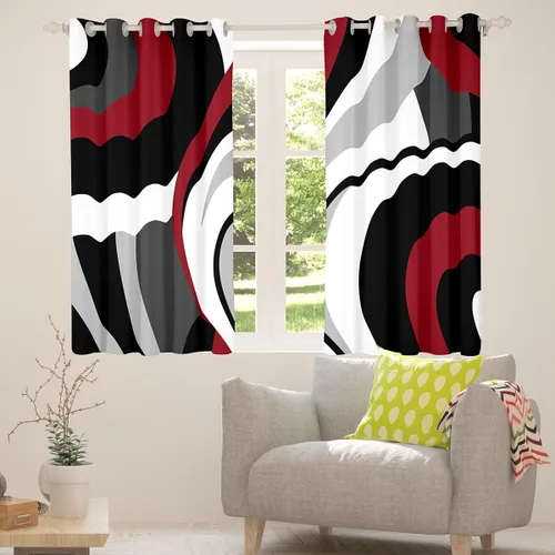 Miniatura 4 de Cortina de ventana de rayas rojas y negras, cortinas abstractas con ondas circulares, cortinas geométricas para tratamiento de ventanas para niños
