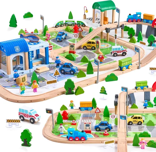 172 piezas de juego de tren de madera para niños pequeños, vía de tren de madera: expandible y intercambiable, juguetes de tren educativos seguros,
