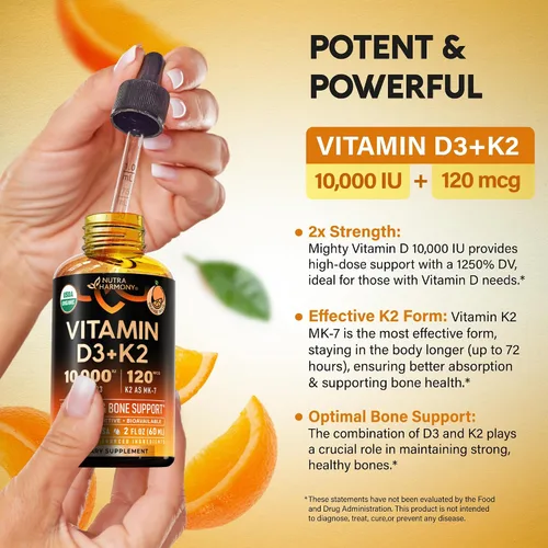 Miniatura 5 de Gotas Orgánicas USDA de Vitamina D3 K2 – Vitamina D3 10000 UI y K2 como MK-7 120mcg – Apoyo inmunológico y del estado de ánimo, salud de huesos