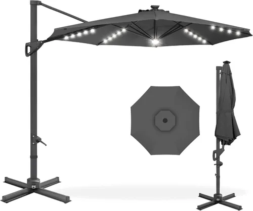 Best Choice Products Sombrilla Solar LED Voladiza de 10 pies para Patio, Rotación de 360 Grados, Sombrilla Colgante Descentrada de Mercado para Gris