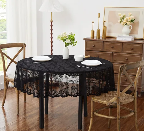 LinenZone Mantel redondo negro pequeño para decoración rústica vintage. El mantel de encaje transparente funciona muy bien como mantel de boda o