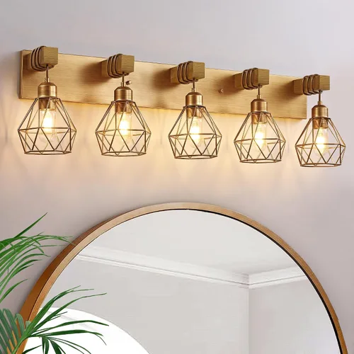Miniatura 13 de Lámpara de tocador estilo casa de campo para baño, luminarias de tocador de baño de 2 luces negra dorada de madera sobre espejo, apliques rústicos