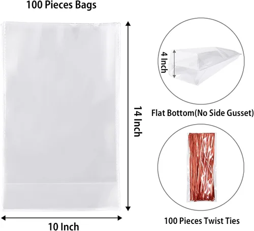 Miniatura 2 de Morepack Bolsas de celofán de fondo plano, 100 unidades, 10 x 4 x 14 pulgadas, bolsas de regalo de celofán de fondo plano transparente con lazos