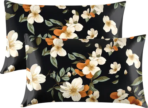 Miniatura 12 de EXQ Home - Funda de almohada de satén para cuidar el cabello y la piel, tamaño estándar, de seda con estampado negro, juego de 2 fundas con cierre