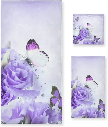 Miniatura 31 de ALAZA Juego de 3 toallas de baño de flores de iris de mariposa morada, 1 toalla de baño, 1 toalla de mano, 1 toallita decorativa, suave, de lujo