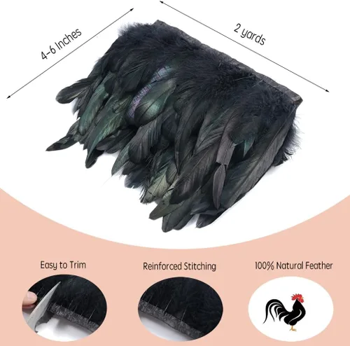 Miniatura 2 de Shekyeon Borde de flecos de plumas de gallo de 2 yardas para decoración de disfraces (negro)