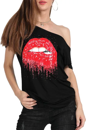 Miniatura 85 de MAGICMK - Camiseta casual para mujer, con estampado de labios y hombro descubierto, talla extragrande