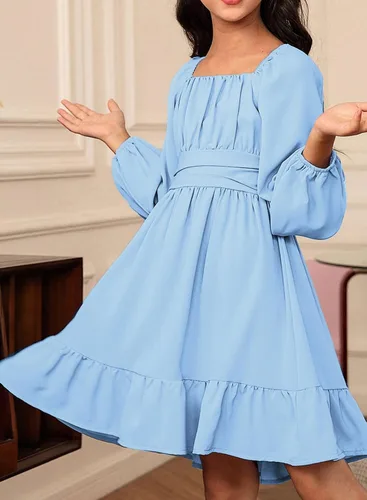 Miniatura 3 de blibean Vestido de manga larga con lazo en la espalda para niñas, vestido de otoño con hombros descubiertos, talla 6-15 años