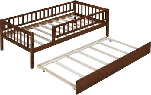 Miniatura 5 de Base de cama de tamaño individual con barandillas nido y valla para niños, adolescentes y adultos, soporte de listones de madera, no necesita Nuez