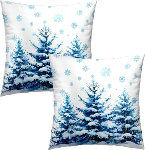 Miniatura 2 de Juego de 2 Fundas de Almohada Bosque Nevado, Copos de Nieve Azules Pinos Cuadradas Funda Decorativa de Cojín Algodón Suave Blanco 18x18 Pulgadas