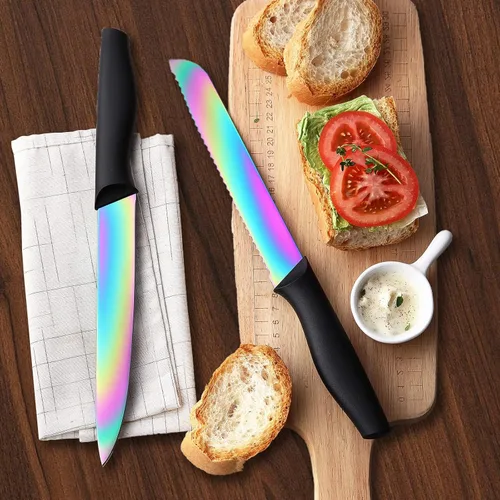 Miniatura 6 de Marco Almond KYA25 - Juego de cuchillos con bloque de cuchillos de titanio arcoíris de 14 piezas, juego de cuchillos para carne con mango negro.
