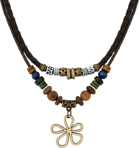 MINACHI Layered Boho Wood Bead Choker Necklace, Hollow Flower Charm, Personality Jewelry for Men and Women