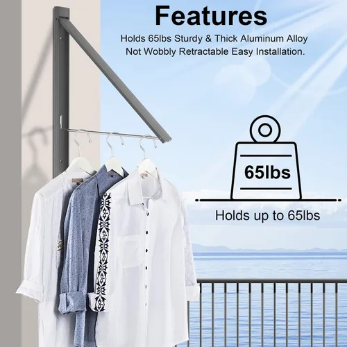 Miniatura 8 de Tendedero de pared para cuarto de lavado, sin taladro, plegable, estante de pared de aluminio de capacidad de 65 libras para apartamento, baño, casa