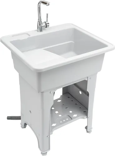Miniatura 17 de Fregadero de plástico independiente con tabla de lavadero, lavabo para lavandería, lavabo con grifo caliente y frío para garaje, sótano, jardín