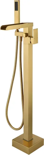 Wowkk Grifo de Bañera Independiente Dorado Cepillado Cascada Llenador de Bañera Montaje en Piso Latón Mango Único Grifos de Baño con Ducha de Mano