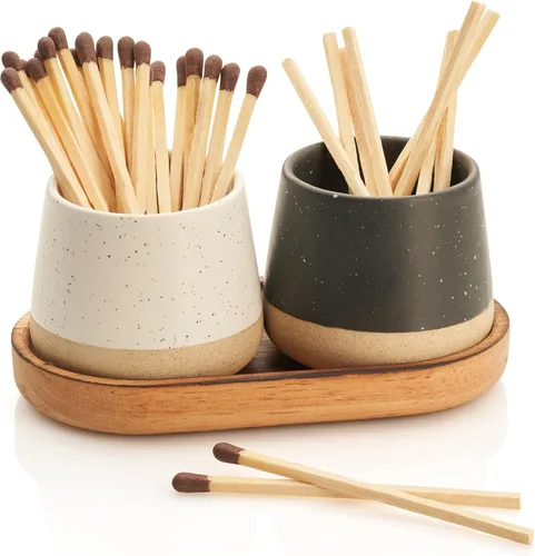 Soporte Decorativo de Fósforos de Cerámica con Bandeja de Madera - Juego de 2 Hermosos Soportes Mates con Encendido Son una Mejora para Cualquier