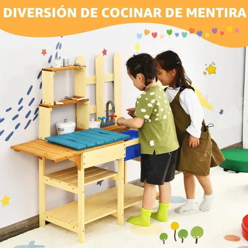 Miniatura 8 de HONEY JOY Juego de cocina de barro para niños, para interiores y exteriores, juguete de simulación de madera con fregadero extraíble, grifo