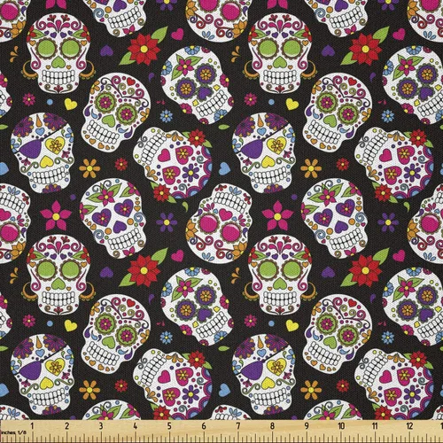 Miniatura 115 de Ambesonne The Yard, tela de calavera colorida con temática de Halloween, diseño de calavera y huesos cruzados, divertido estampado de dibujos