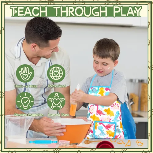 Miniatura 5 de KAEGREEL Juego de chef para hornear para niños, 26 piezas con delantal de dinosaurio y sombrero, juego de rol, juguetes de cocina, juguetes