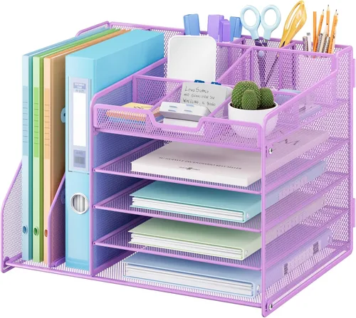 Miniatura 13 de Lavatino Organizador de escritorio, bandeja de papel de malla metálica de 5 niveles con 1 soporte para archivos y 7 divisores flexibles para Negro